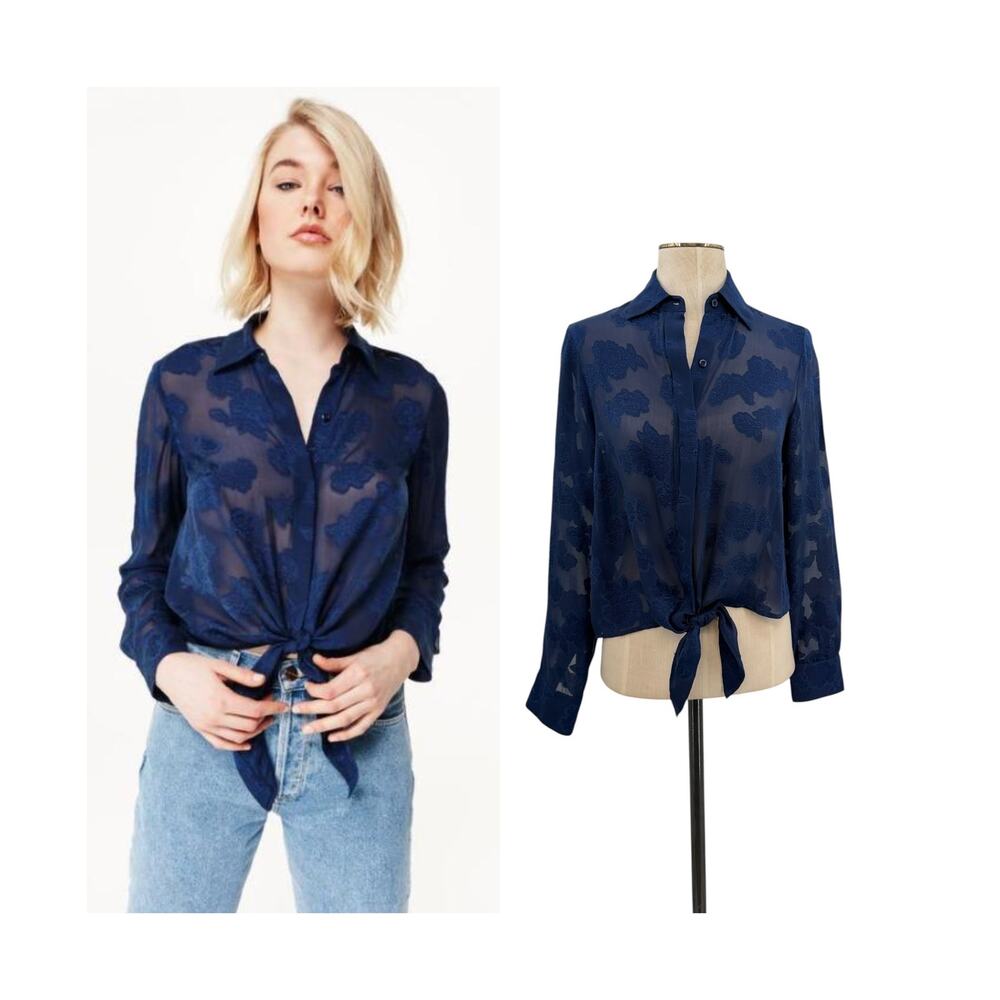 Cami NYC Joy Blouse Navy Silk‎ Sheer Floral Tie Front Top Womens Size XS
